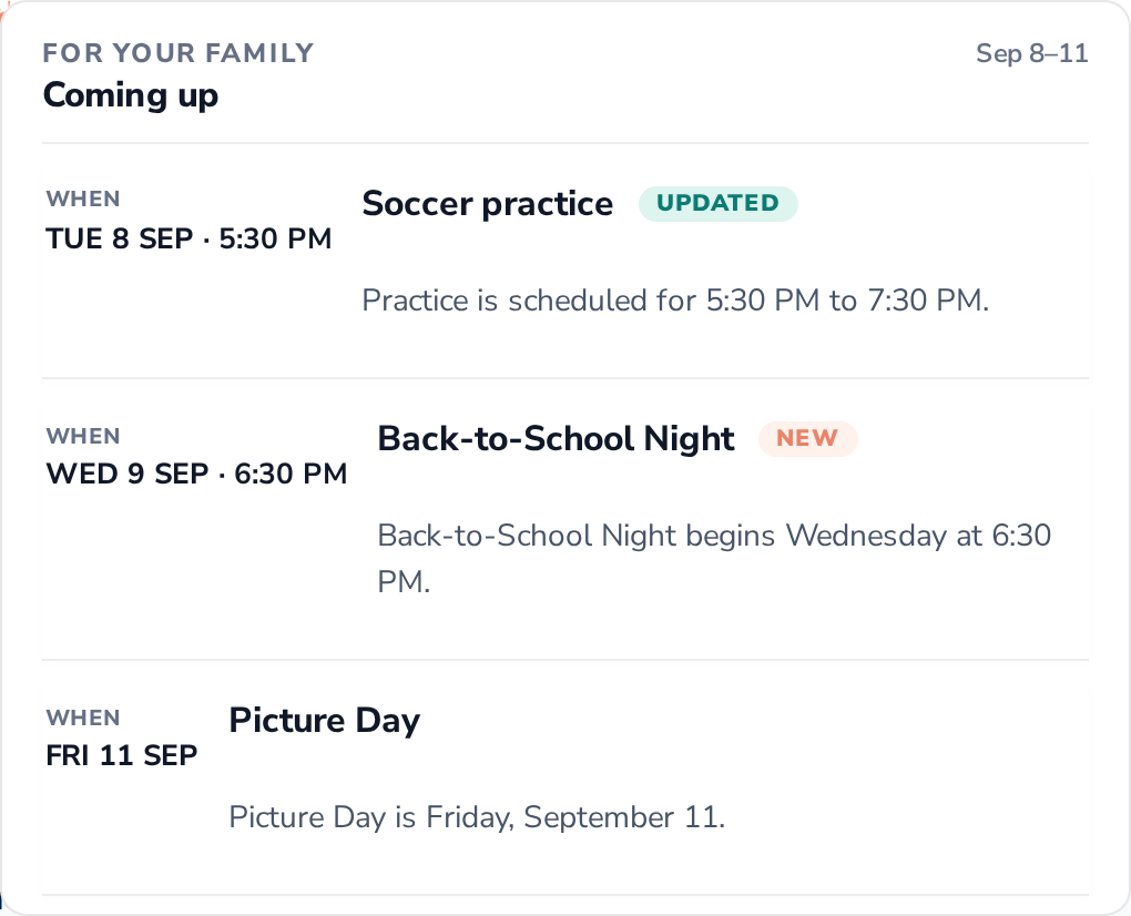 Example DayFlo briefing: soccer practice Tuesday at 5:30 PM, Back-to-School Night Wednesday at 6:30 PM, and Picture Day Friday, September 11