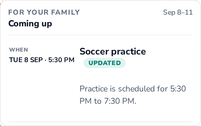 The same soccer practice in DayFlo: Updated, Tuesday September 8, 5:30 PM